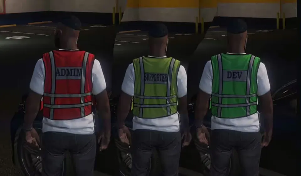 Admin Staff and Developer vest back textures shown in FiveM