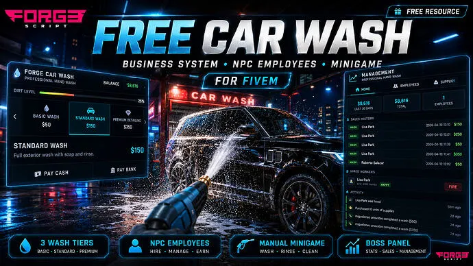 Forge Car Wash for FiveM: Free Listing, Setup and Business Balance