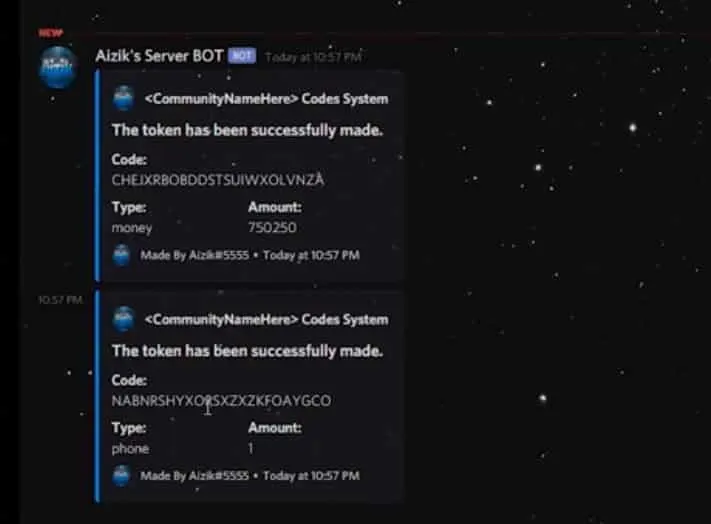 Discord-Bot-Nachrichten zeigen generierte FiveM-Einlösecodes an