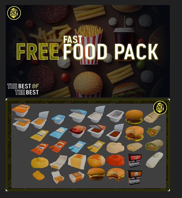DEVHUB food promotion with burgers, sauces and packaging