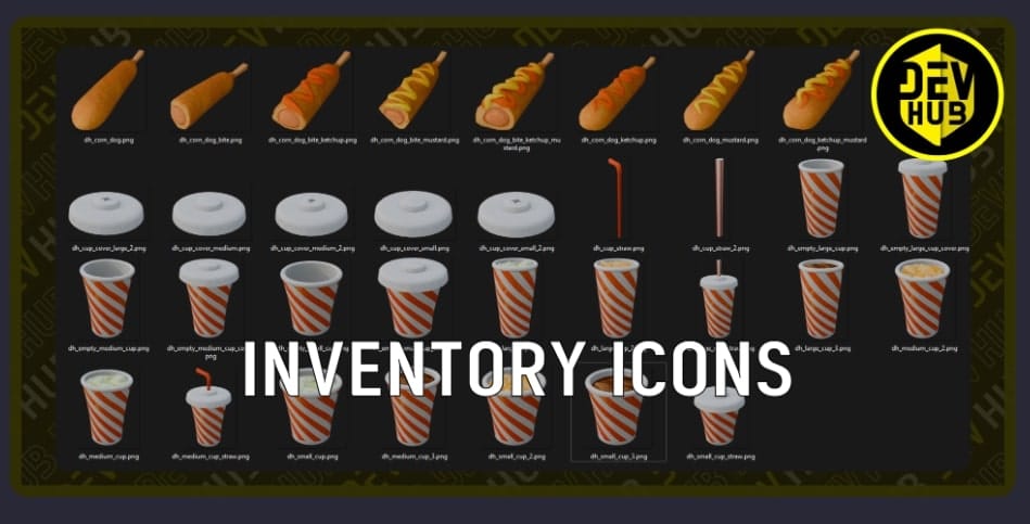 Inventory icons for DEVHUB cups, lids, straws and corn dogs