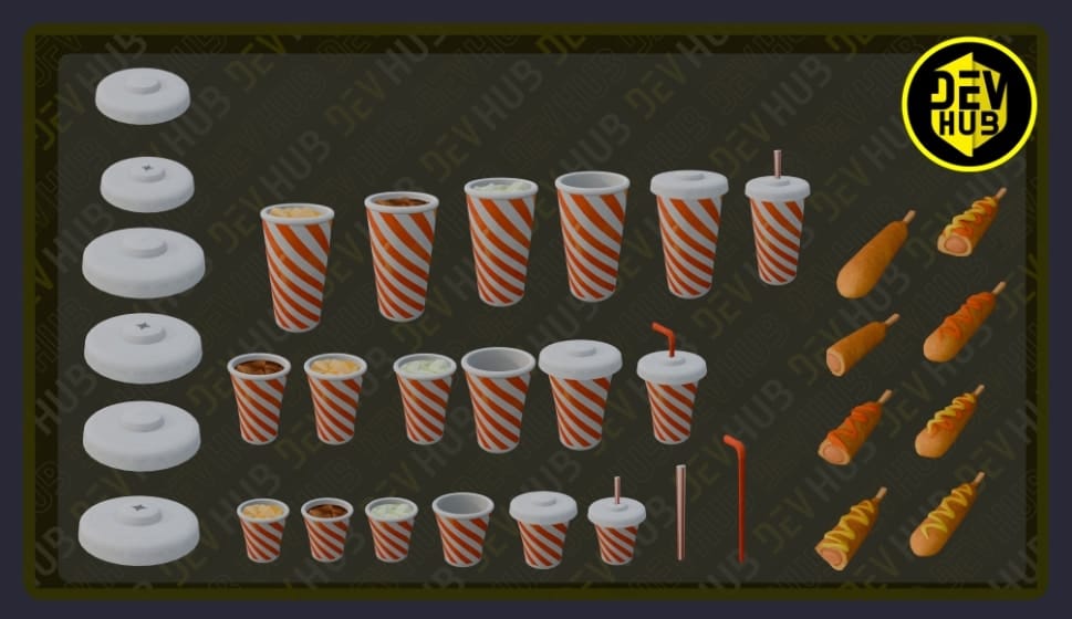 DEVHUB drink cups, lids, straws and corn-dog props
