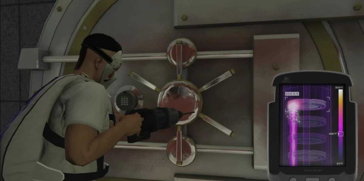 Character drilling a vault beside the plasma-drill display