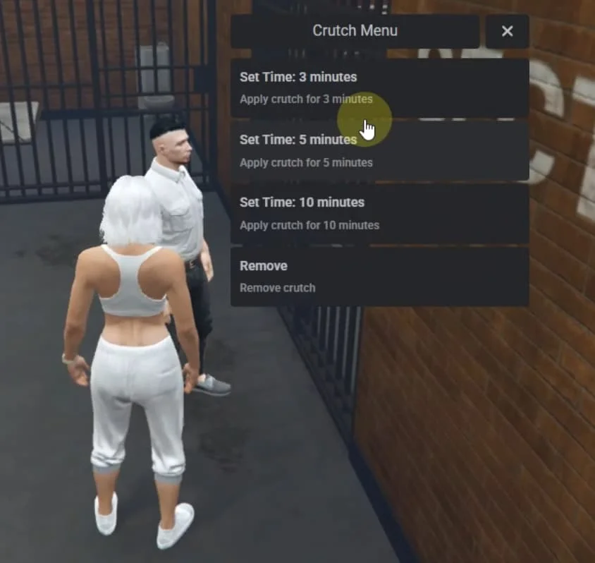 Crutch menu with three, five and ten minute durations