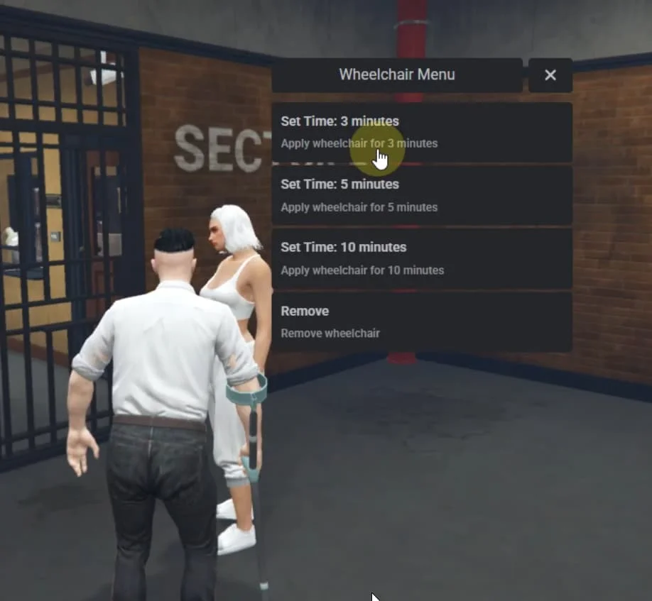 Wheelchair duration menu beside a player on crutches