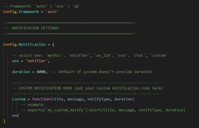 Framework and notification adapter configuration
